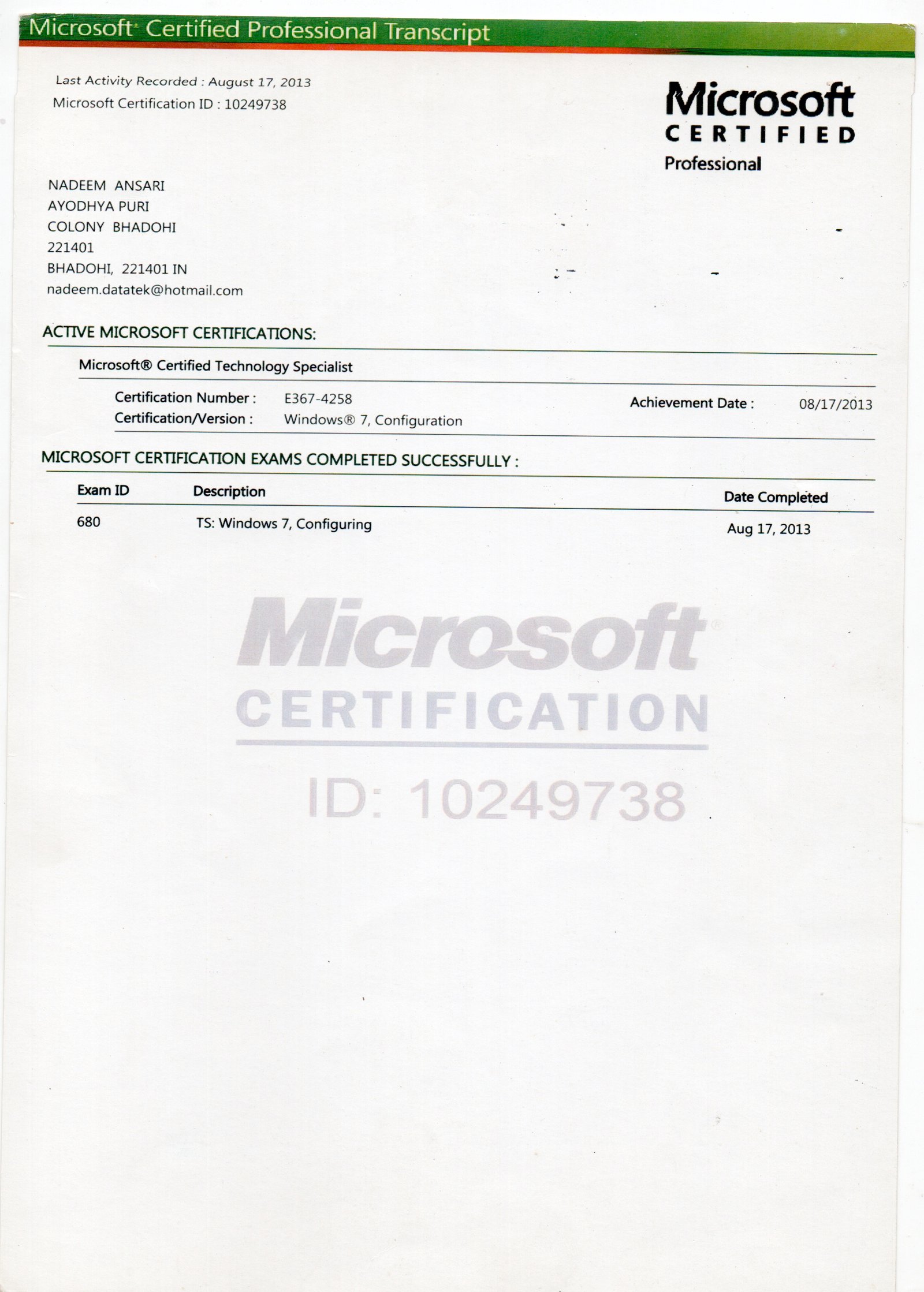 MCSE Transcript